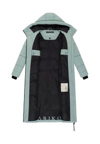 Long light green winter coat with hood, fully open to show black interior lining, inner pockets, and brand label inside.