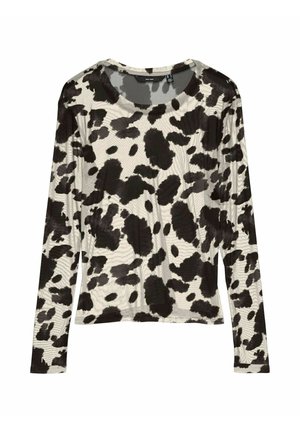 Lange mouw top van lichtgewicht stof met een zwart-wit koeienprintpatroon, voorzien van een ronde halslijn en een ontspannen fit.