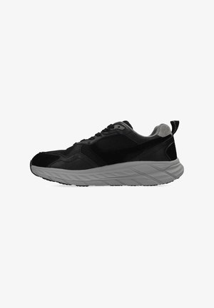 Zapatillas deportivas negras con una parte superior texturizada, que presentan paneles de malla y una suela acolchada gris. El diseño incluye un tirador en la parte trasera.