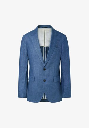 Giacca blu in lino con chiusura a due bottoni, reverse a lancia e due tasche anteriori. L'interno presenta una fodera chiara a contrasto e dettagli a righe.