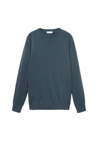 Dark teal sweater, crew neck, long sleeves, ribbed cuffs and hem, soft texture, minimal design, no visible logos or patterns.
