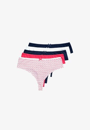 Cinco pares de bragas tipo hipster para mujer en varios colores: blanco con corazones, rosa, marino y azul oscuro, con tela suave y detalles de lazo.