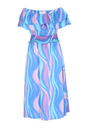 Váll nélküli midi ruha fodros nyakkivágással és gumis derékrésszel, hullámos kék, rózsaszín és levendula mintával.