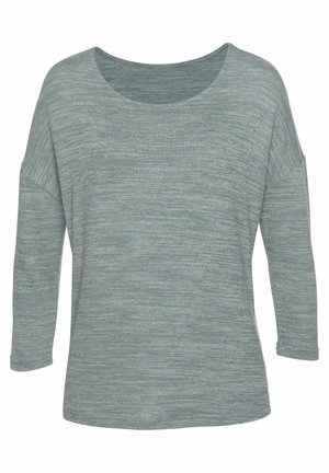 Hellgrünes Langarmoberteil aus strukturiertem Strickstoff mit weitem, rundem Halsausschnitt und abgesenkten Schulternähten.