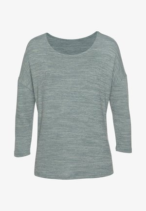 Hellgrünes Langarmoberteil aus strukturiertem Strickstoff mit weitem, rundem Halsausschnitt und abgesenkten Schulternähten.