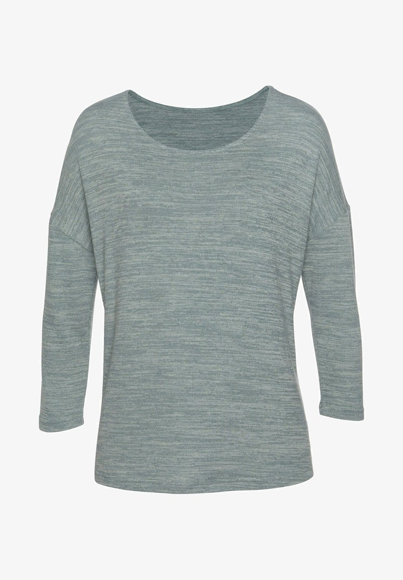 Hellgrünes Langarmoberteil aus strukturiertem Strickstoff mit weitem, rundem Halsausschnitt und abgesenkten Schulternähten.