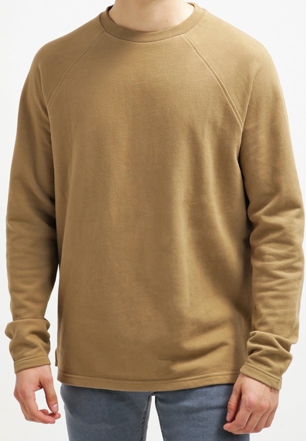 Sweat-shirt kaki à manches longues avec un col rond, des manches raglan et un tissu doux et texturé. Ourlet droit, coupe décontractée.