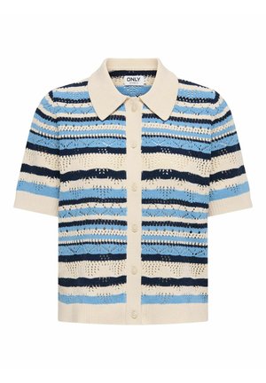 Krótkorękawowy sweterkowy kardigan z kremowym kołnierzem i pionową listwą z guzikami, ozdobiony poziomymi paskami w kolorach niebieskim, granatowym i beżowym z wzorem ażurowym.