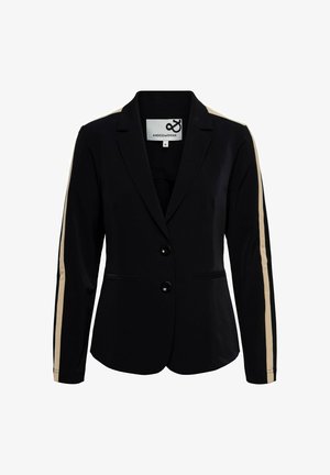 Zwarte blazer met gestructureerde revers, twee zwarte knopen, zijzakken en contrasterende beige strepen langs de mouwen. Gladde stoftextuur.