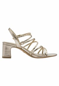 Metallic gold heeled sandal featuring multiple narrow straps with a smooth texture, a closed back, and a sturdy block heel.