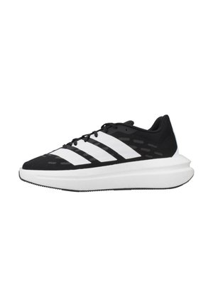 Black athletic shoes with three white stripes, lightweight fabric upper, cushioned white midsole, and textured rubber outsole.