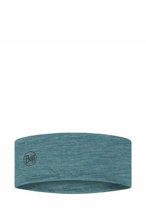 Blau-grünes Stoff-Stirnband mit subtiler melierter Textur und kleinem schwarzem Buff-Logo auf einer Seite.