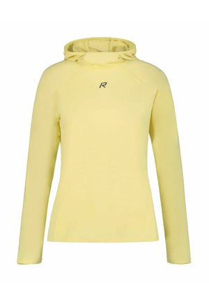 Lysegul langærmet hættetrøje med figursyet pasform og lille mørkt logo centreret på brystet.