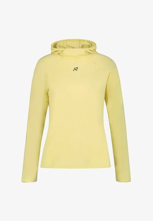 Lysegul langærmet hættetrøje med figursyet pasform og lille mørkt logo centreret på brystet.