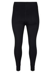 Schwarze Leggings mit glatter Textur, tailliertem Design und elastischem Bund. Mit Knöchelbündchen und einer Mittelnähte auf der Rückseite.