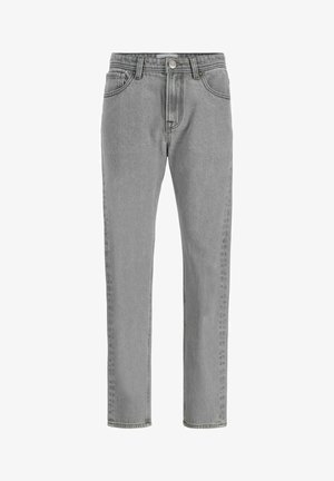 Jeans en denim gris à jambe droite avec bouton avant, fermeture éclair, passants de ceinture et cinq poches, présenté sur fond blanc.