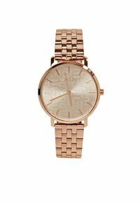 Roséguld metallklocka med rund urtavla, strukturerad ljusfärgad urtavla med ett mönster och en länkad armbandsrem.