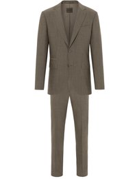 Moški kostim v barvi taupe s srajčnim ovratnikom in dvema gumboma na jakni ter ujemajoče se hlače z ravnimi hlačnicami.