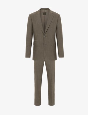Taupekleurig herenenpak met twee knopen, voorzien van een colbertruim met inkeping en bijpassende broek met rechte pijpen.