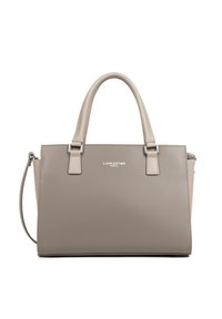 Borsa a mano in pelle grigia con doppi manici superiori, tracolla rimovibile, accessori in argento e logo "Lancaster Paris" stampato.