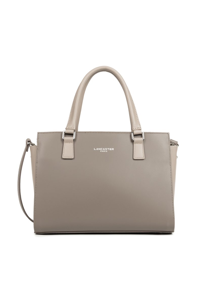 Borsa a mano in pelle grigia con doppi manici superiori, tracolla rimovibile, accessori in argento e logo "Lancaster Paris" stampato.