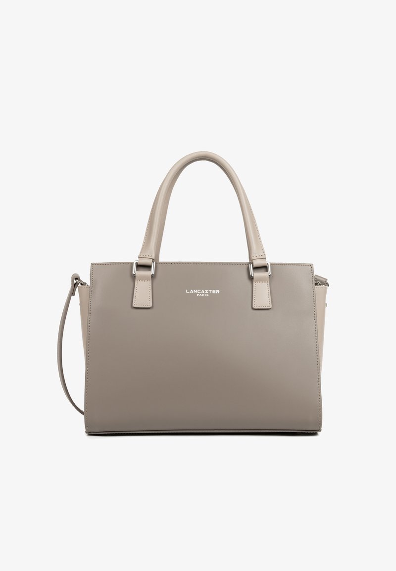 Borsa a mano in pelle grigia con doppi manici superiori, tracolla rimovibile, accessori in argento e logo "Lancaster Paris" stampato.