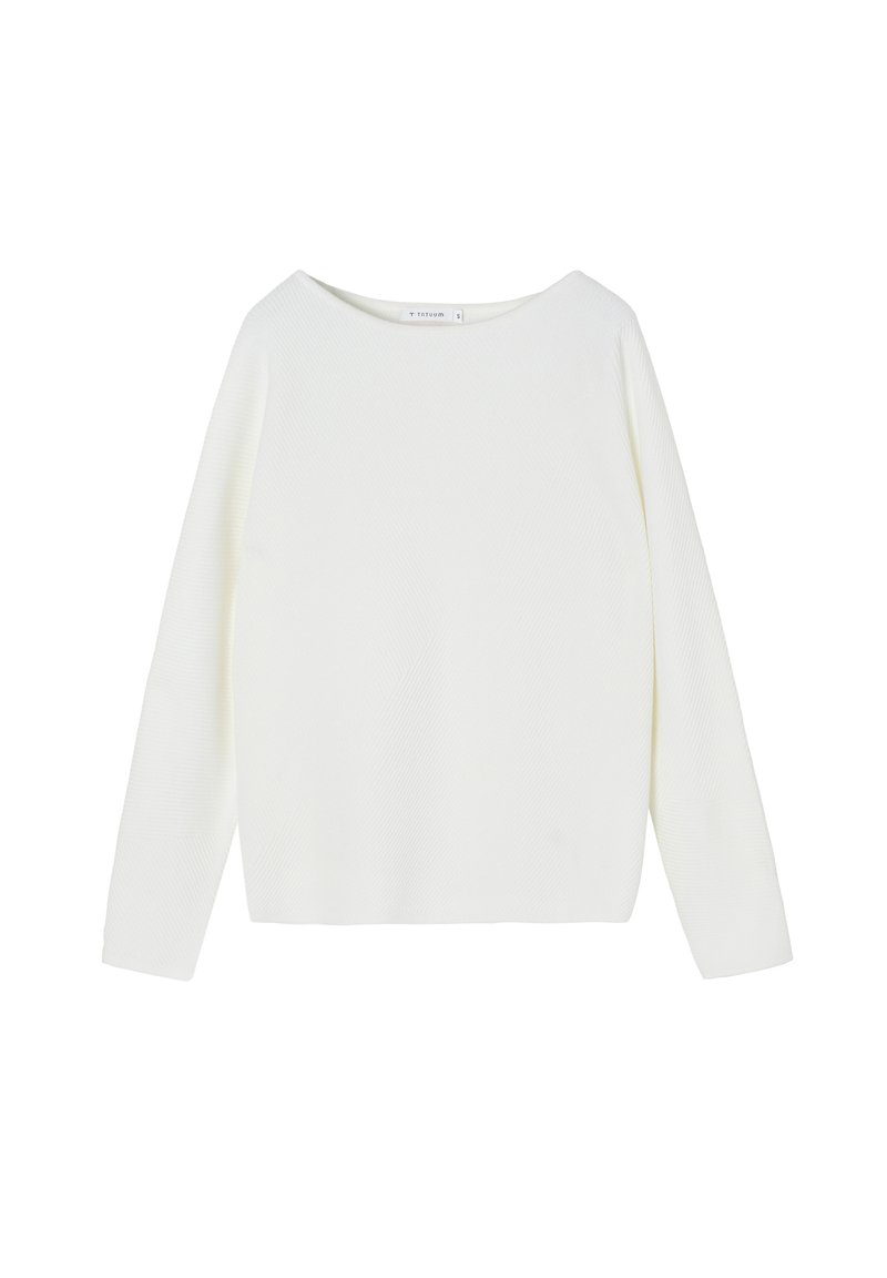 Biały sweter z długim rękawem i szerokim dekoltem żebrowym, z teksturowanym wzorem dzianiny i luźnym krojem. Miękki materiał i minimalne szwy.