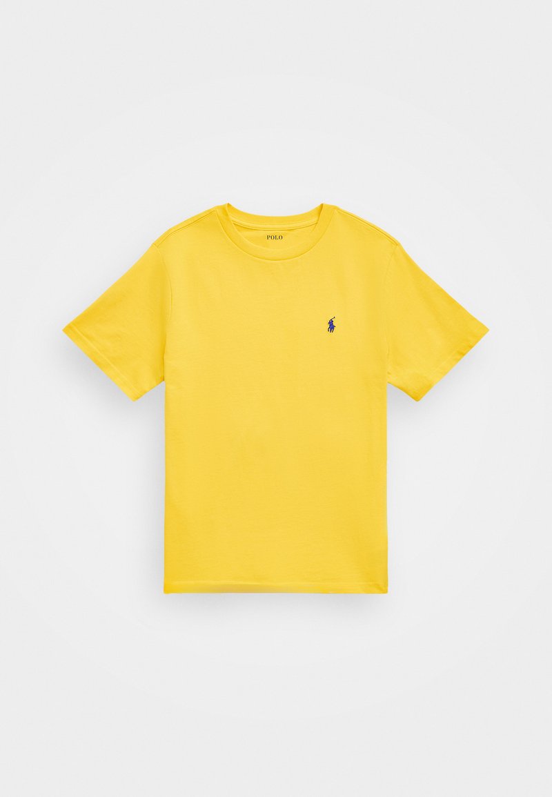Yellow cotton t-shirt with a crew neck, short sleeves, and a small blue logo on the left chest. Smooth texture and standard fit.