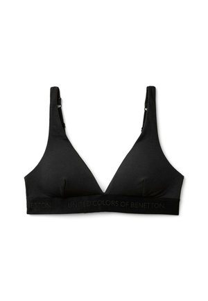 Zwarte driehoekige bralette van zacht materiaal, met verstelbare schouderbanden en een elastische band met logo aan de onderkant.