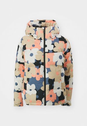 Padded hooded jacket with multi-colored floral print, featuring large beige, black, pink, and navy flowers on a cream background. Front zipper closure and pockets.