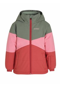 Veste colorée avec capuche. Comprend des panneaux verts, roses et rouges, un zip sur le devant et des poignets élastiques. Logo de la marque sur la poitrine.
