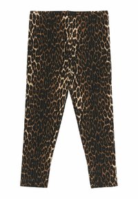 Legging sa uzorkom leoparda s prilagođenim dizajnom, izrađene od mekog materijala s rastezljivim pojasom. Boje uključuju crnu, smeđu i bež.