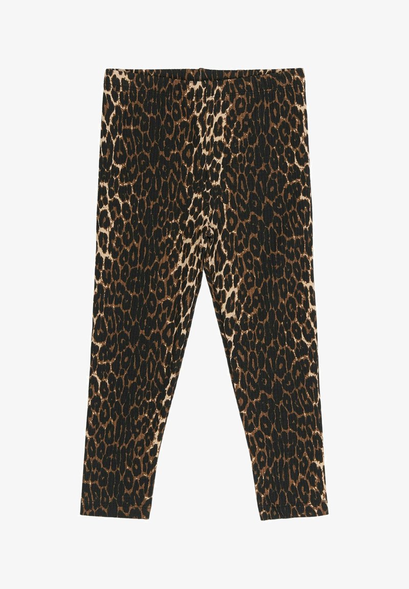 Leggingi z leopardskim vzorcem zoprno zasnovo, izdelani iz mehkega blaga z raztegljivim pasom. Barve vključujejo črno, rjavo in bež.