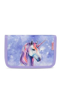 Lila Stofffedermäppchen mit einer Einhornillustration vor einem sternenübersäten Hintergrund, mit einer bunten Mähne und einem metallischen Horn.