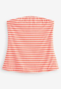 Koraljādas un baltas svītrains strapless tops, kas izgatavots no mīksta, elastīga auduma. Iespējas horizontālas svītras un izplešanās siluets apakšmalā.