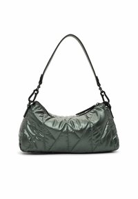 Gevoerde groene nylon schoudertas met een quilted patroon, zwarte schouderband en ritssluiting, met een ronde vorm en glanzende afwerking.