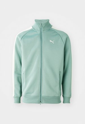 Puma zadrgo jakna za tek v svetlo mint zeleni barvi z belimi stranskimi črtami, slim fit, rebrast ovratnik in manšete, z logotipom na prsih.