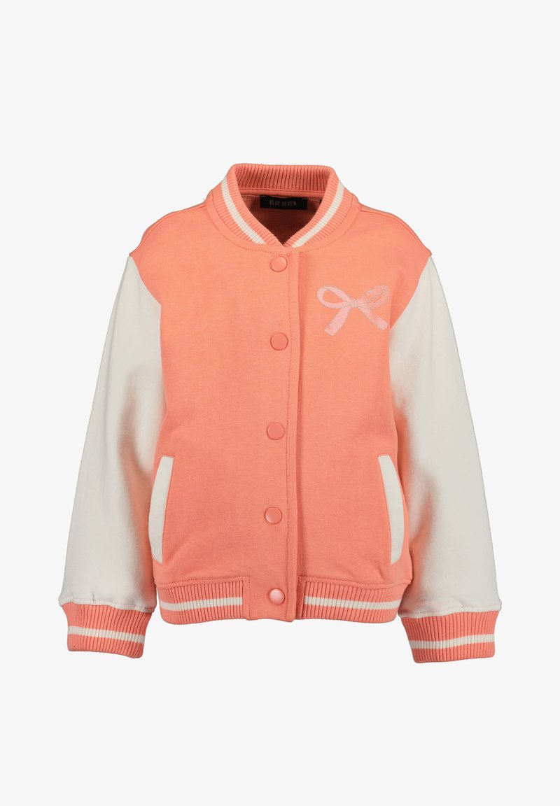 Rosa und weiße Collegejacke mit geripptem Kragen, Druckknöpfen und einer Stickerei in Form einer Schleife. Weicher Stoff, zwei Seitentaschen und gestreifte Bündchen.