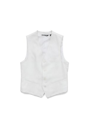 Gilet formale bianco da uomo con tre bottoni, due tasche frontali e collo a V, posizionato disteso su sfondo bianco.