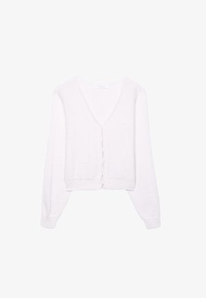 Maglione bianco corto con scollo a V, maniche lunghe e chiusura con bottoni; tessuto morbido con dettagli sottili a maglia.