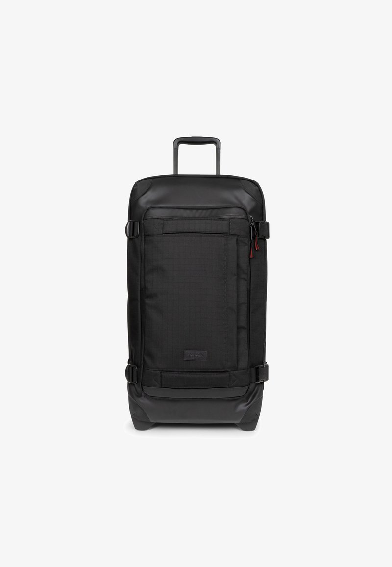 Borsa da viaggio nera a rotoli con design rettangolare, tessuto durevole, texture liscia, manico superiore e scomparti con cerniera.