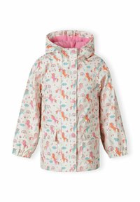 Giacca impermeabile per bambini con uno sfondo crema, caratterizzata da un motivo colorato di unicorni e arcobaleni, due tasche frontali e fodera rosa.