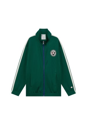 Veste de survêtement verte à zip intégral avec des rayures blanches sur les manches, logo Champion sur la poitrine et la manche, et poignets et ourlet élastiques.