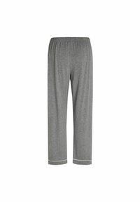 Pantaloni pigiama grigi con vita elastica, caratterizzati da una vestibilità ampia e cuciture bianche decorative lungo l'orlo. Realizzati in tessuto morbido e traspirante.