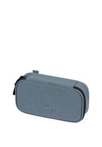 Modrý látkový penál se zipovým uzávěrem, obdélníkový tvar a vyšívané logo na přední straně. Texturovaný povrch zajišťuje lepší úchop.