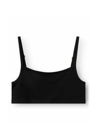 Bralette noire non rembourrée en tissu doux. Dotée de bretelles réglables et d'un design sans couture avec une large bande élastique en bas.