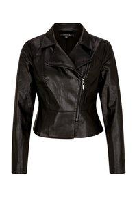 Veste de moto en cuir noir avec une coupe courte, fermeture éclair asymétrique et larges revers. Présente une texture lisse et des coutures minimales.