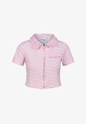 Giacca a maniche corte con zip di colore rosa chiaro, caratterizzata da un motivo ripetuto e un colletto. Realizzata in tessuto morbido con una finitura testurizzata.