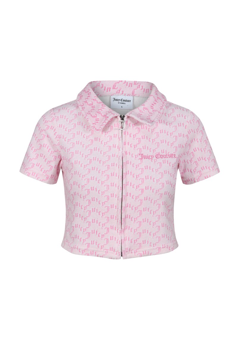 Giacca a maniche corte con zip di colore rosa chiaro, caratterizzata da un motivo ripetuto e un colletto. Realizzata in tessuto morbido con una finitura testurizzata.