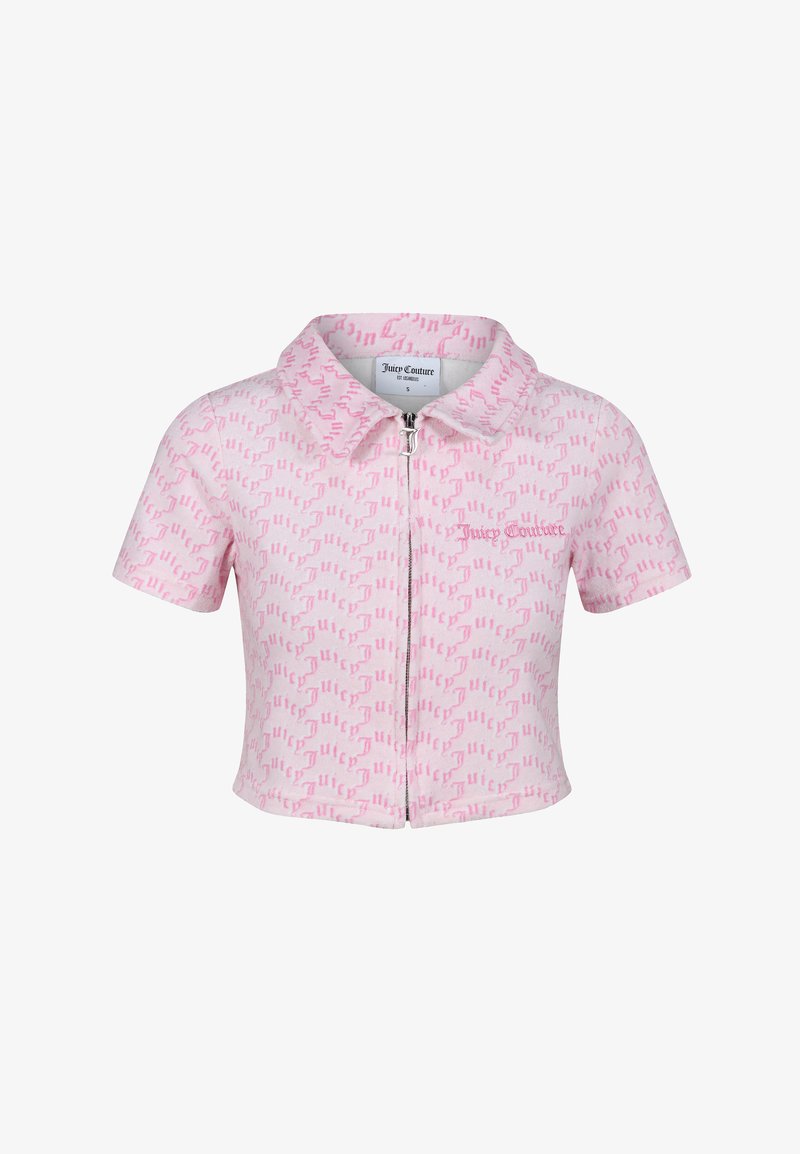 Giacca a maniche corte con zip di colore rosa chiaro, caratterizzata da un motivo ripetuto e un colletto. Realizzata in tessuto morbido con una finitura testurizzata.